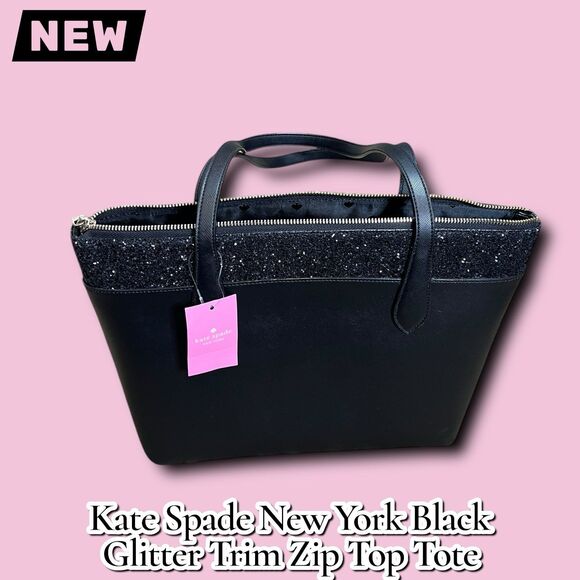 kate spade Handbags - New NWT Kate Spade New York Black Glitter Trim Zip Top Tote Bag Purse
